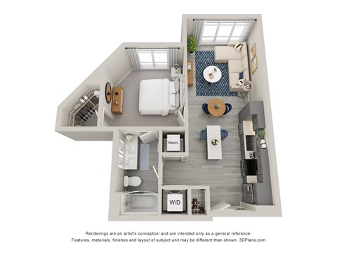 Floor plan for 1 bed, 1 bath, 668 sqft